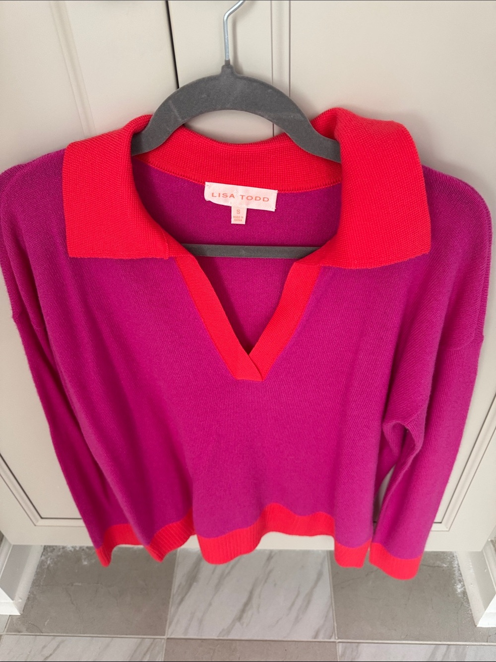 Lisa Todd Pink V-Neck Polo Sweater with Red Trim